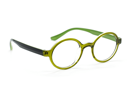 オリーブグリーンのフレームのメガネ