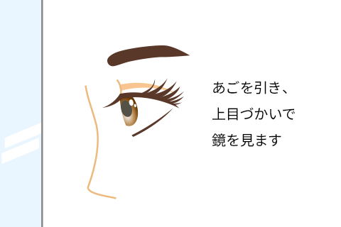 あごを引いて、上目づかいで鏡を見ている図